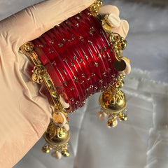 Red Glass Bangles Cowrie Shell Jhumka Kada Kashmiri Churiyan Wedding Set - 19