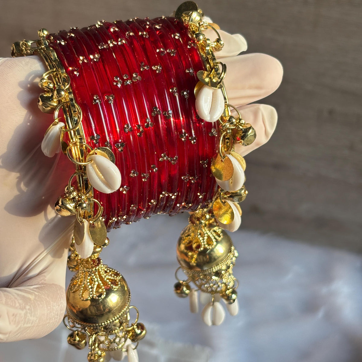 Red Glass Bangles Cowrie Shell Jhumka Kada Kashmiri Churiyan Wedding Set - 2