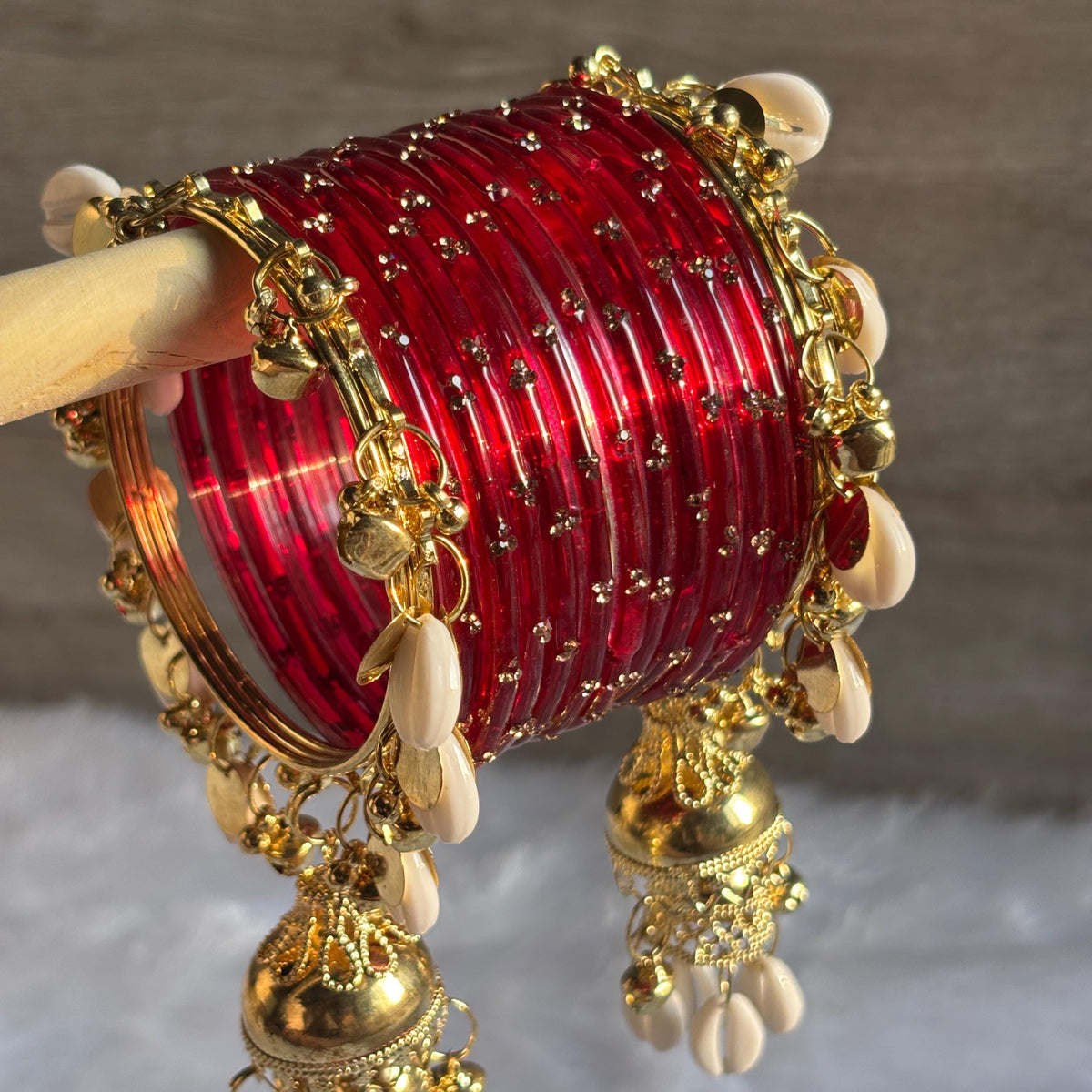 Red Glass Bangles Cowrie Shell Jhumka Kada Kashmiri Churiyan Wedding Set - 7