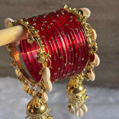 Red Glass Bangles Cowrie Shell Jhumka Kada Kashmiri Churiyan Wedding Set - 7