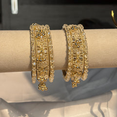 Beige Kashmiri Glass Cream Bangles Rhinestone Kada Indian Bridal Wedding Jewelry Set - 5