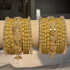Beige Kashmiri Glass Cream Bangles Rhinestone Kada Indian Bridal Wedding Jewelry Set - 10