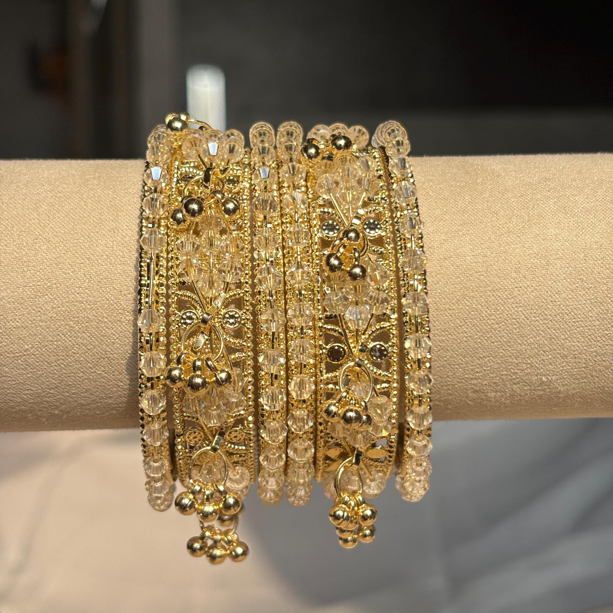 Beige Kashmiri Glass Cream Bangles Rhinestone Kada Indian Bridal Wedding Jewelry Set - 13