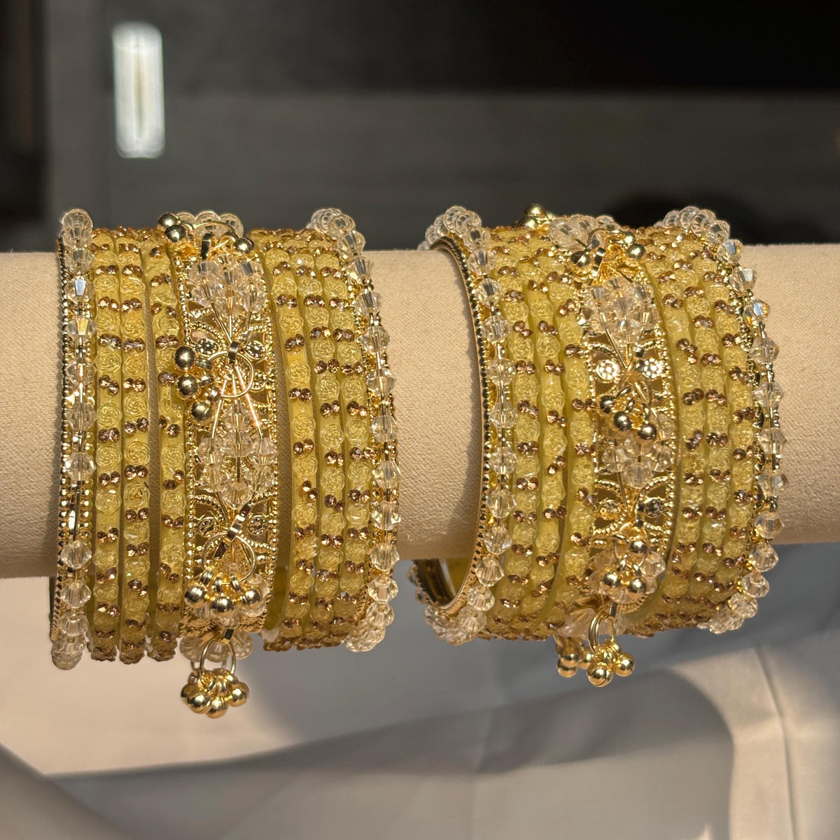 Beige Kashmiri Glass Cream Bangles Rhinestone Kada Indian Bridal Wedding Jewelry Set