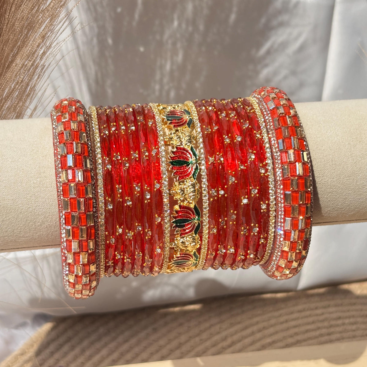 Orange Red Kashmiri Churiyan Bangles Meenakari Kada South Indian Lotus temple Jewelry - 3