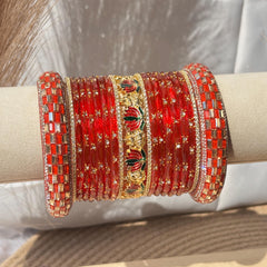 Orange Red Kashmiri Churiyan Bangles Meenakari Kada South Indian Lotus temple Jewelry - 3
