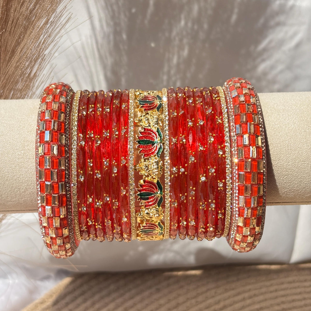 Orange Red Kashmiri Churiyan Bangles Meenakari Kada South Indian Lotus temple Jewelry - 4