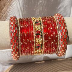 Orange Red Kashmiri Churiyan Bangles Meenakari Kada South Indian Lotus temple Jewelry - 5