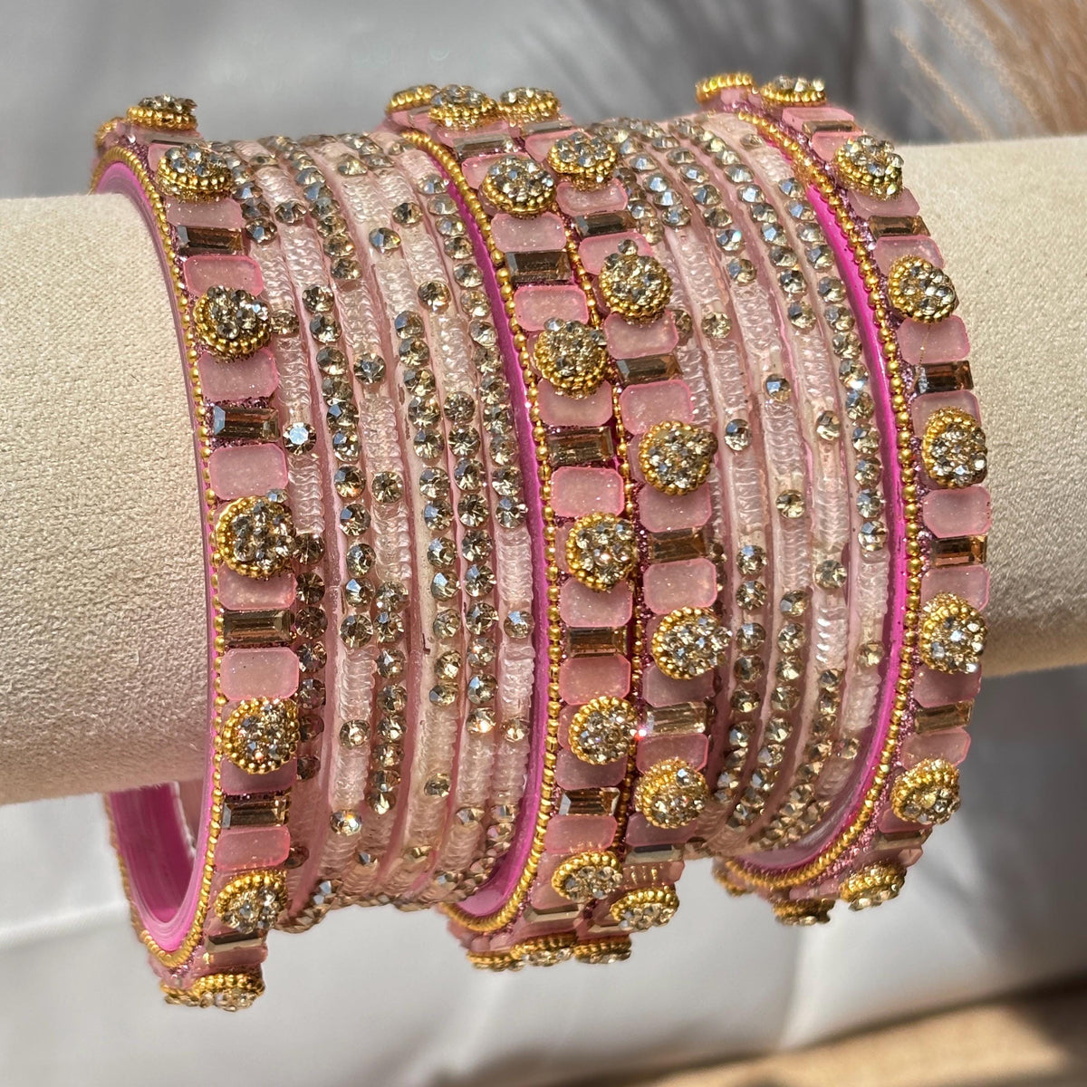 Baby Pink Glass Bangles Stone Studded Kashmiri Churiyan Bridal Chudi Stack Pakistani Wedding Jewelry - 5