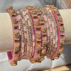 Baby Pink Glass Bangles Stone Studded Kashmiri Churiyan Bridal Chudi Stack Pakistani Wedding Jewelry - 5