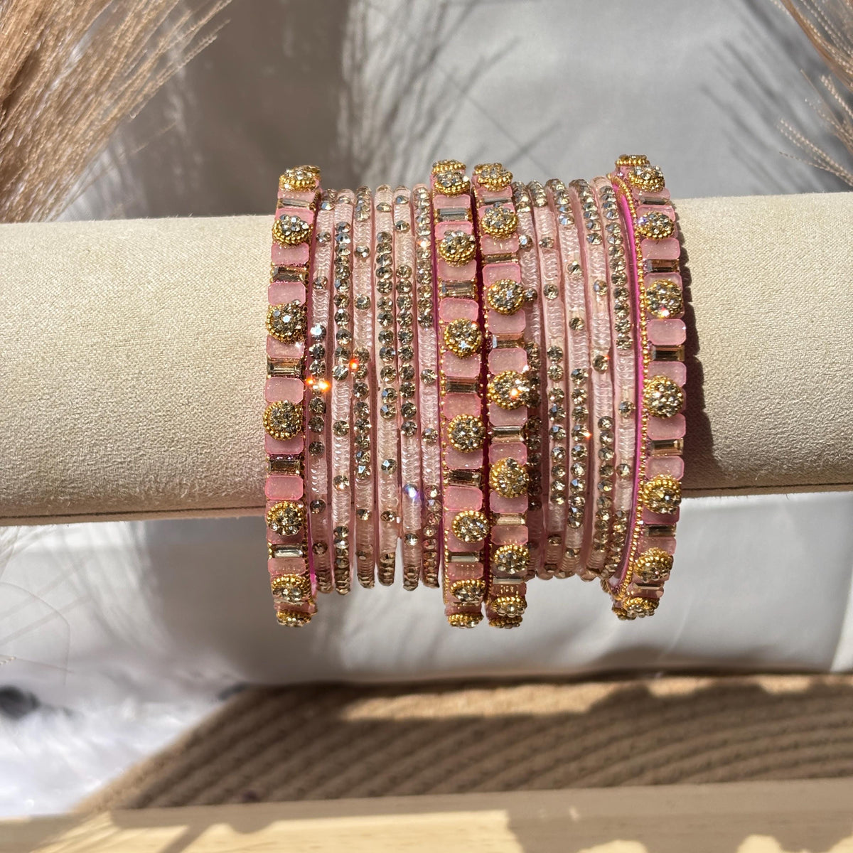 Baby Pink Glass Bangles Stone Studded Kashmiri Churiyan Bridal Chudi Stack Pakistani Wedding Jewelry - 9