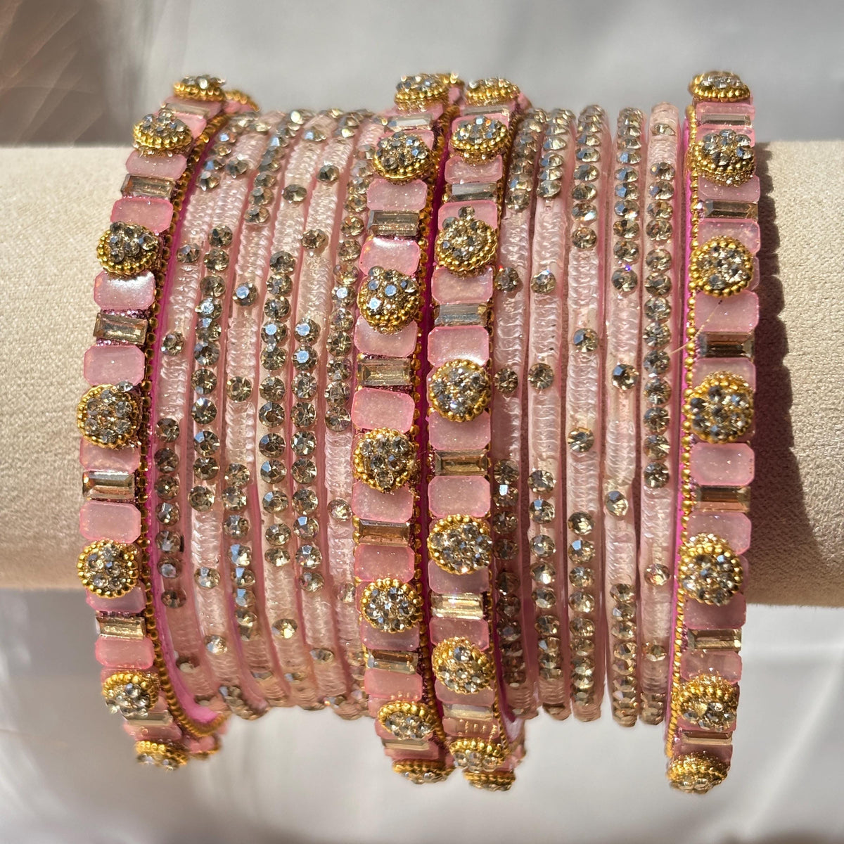 Baby Pink Glass Bangles Stone Studded Kashmiri Churiyan Bridal Chudi Stack Pakistani Wedding Jewelry - 2