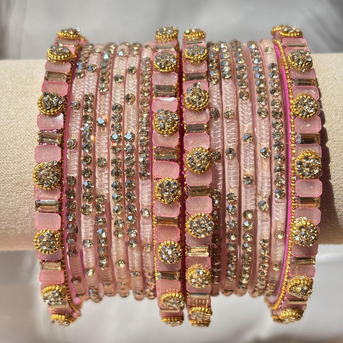 Baby Pink Glass Bangles Stone Studded Kashmiri Churiyan Bridal Chudi Stack Pakistani Wedding Jewelry - 4