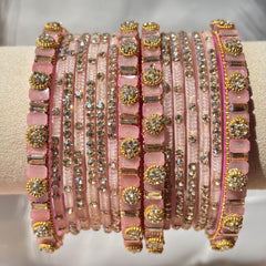 Baby Pink Glass Bangles Stone Studded Kashmiri Churiyan Bridal Chudi Stack Pakistani Wedding Jewelry - 4