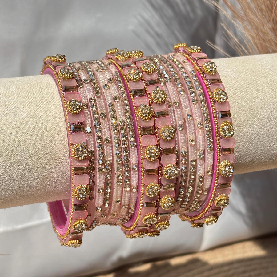 Baby Pink Glass Bangles Stone Studded Kashmiri Churiyan Bridal Chudi Stack Pakistani Wedding Jewelry