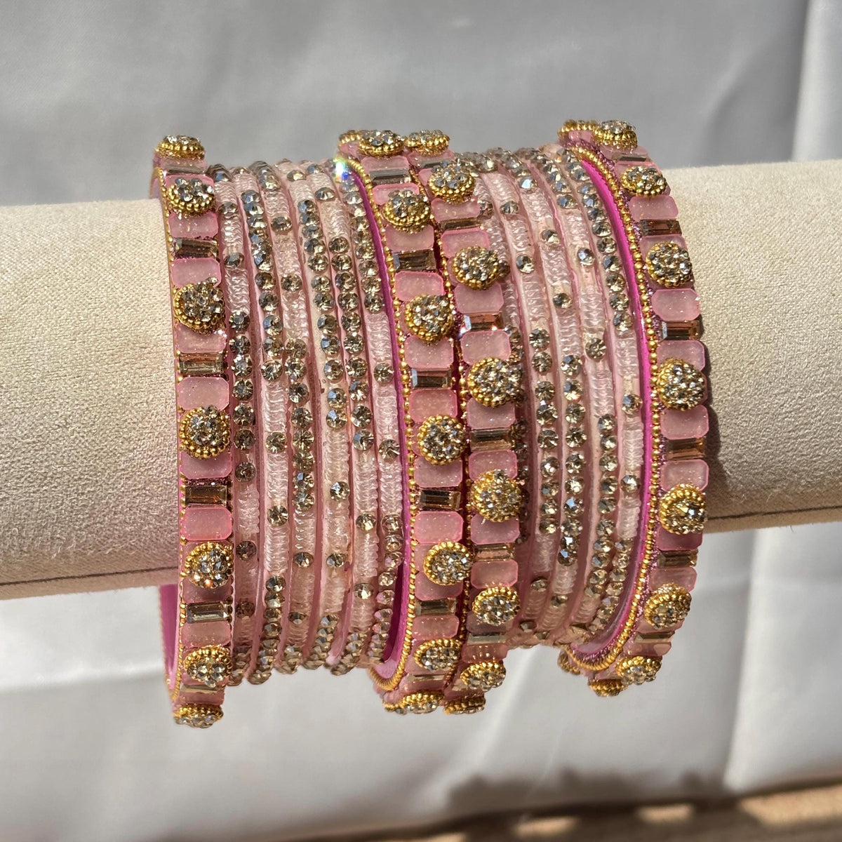 Baby Pink Glass Bangles Stone Studded Kashmiri Churiyan Bridal Chudi Stack Pakistani Wedding Jewelry - 10