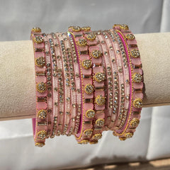 Baby Pink Glass Bangles Stone Studded Kashmiri Churiyan Bridal Chudi Stack Pakistani Wedding Jewelry - 10