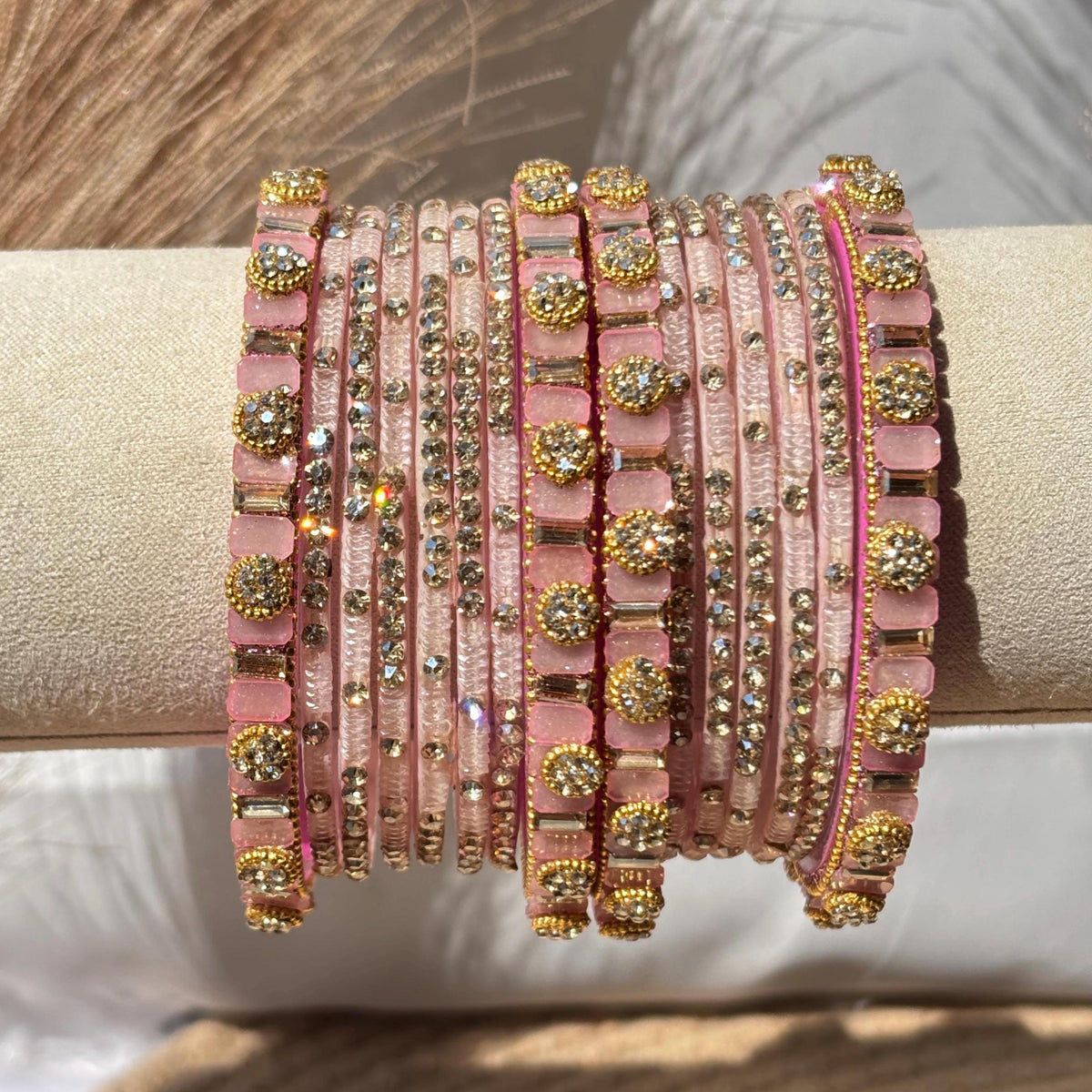 Baby Pink Glass Bangles Stone Studded Kashmiri Churiyan Bridal Chudi Stack Pakistani Wedding Jewelry - 11