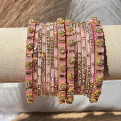 Baby Pink Glass Bangles Stone Studded Kashmiri Churiyan Bridal Chudi Stack Pakistani Wedding Jewelry - 11
