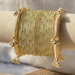 Ivory White Bangles Set Kashmiri Glass Churiyan Ghungroo Kada Stack Pakistani Wedding Jewelry - 2