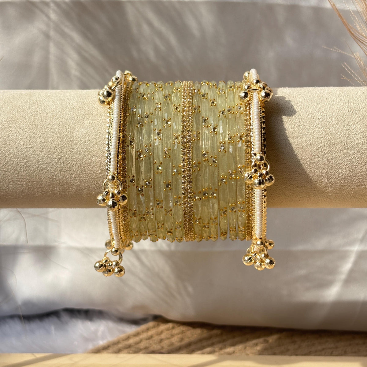 Ivory White Bangles Set Kashmiri Glass Churiyan Ghungroo Kada Stack Pakistani Wedding Jewelry - 9