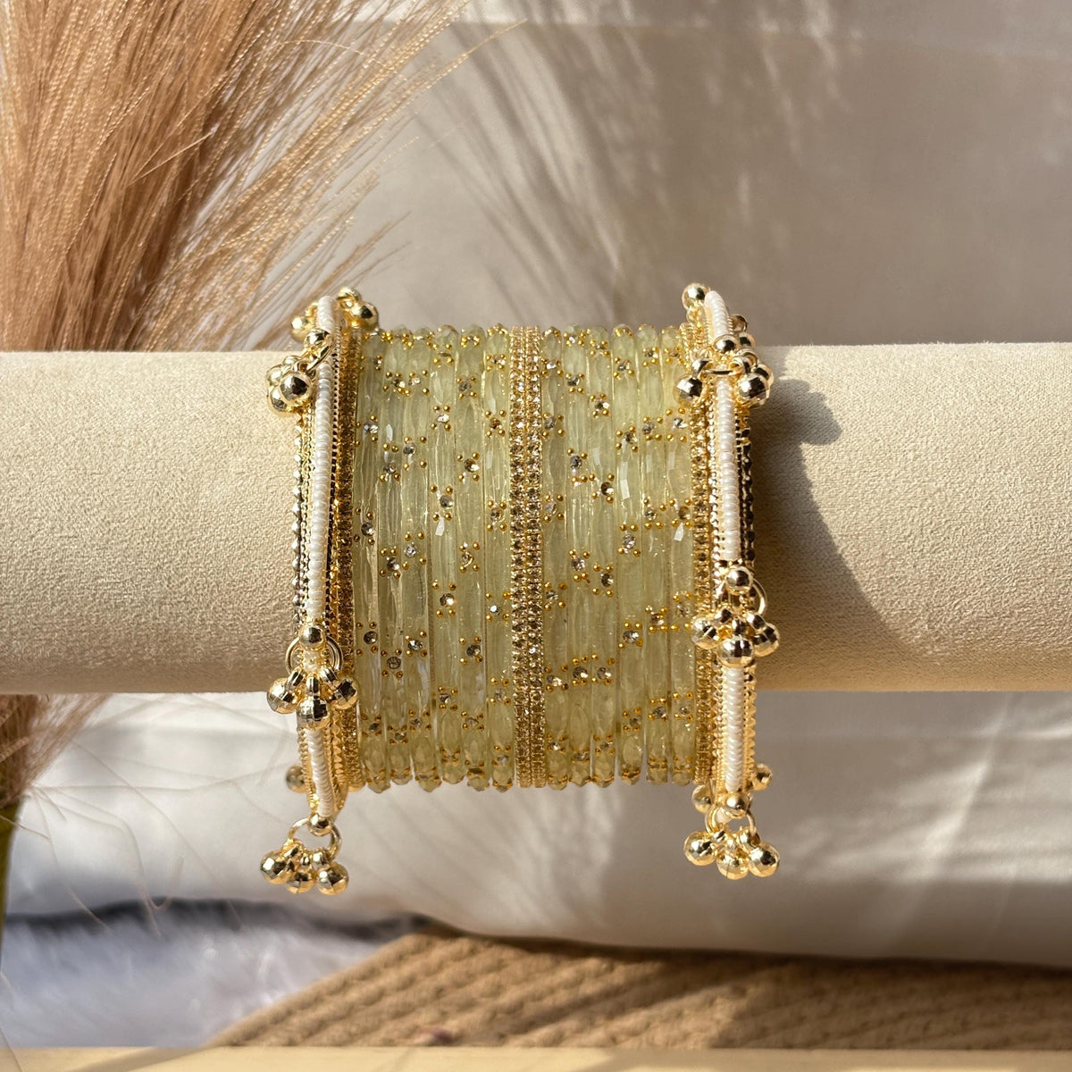 Ivory White Bangles Set Kashmiri Glass Churiyan Ghungroo Kada Stack Pakistani Wedding Jewelry - 4