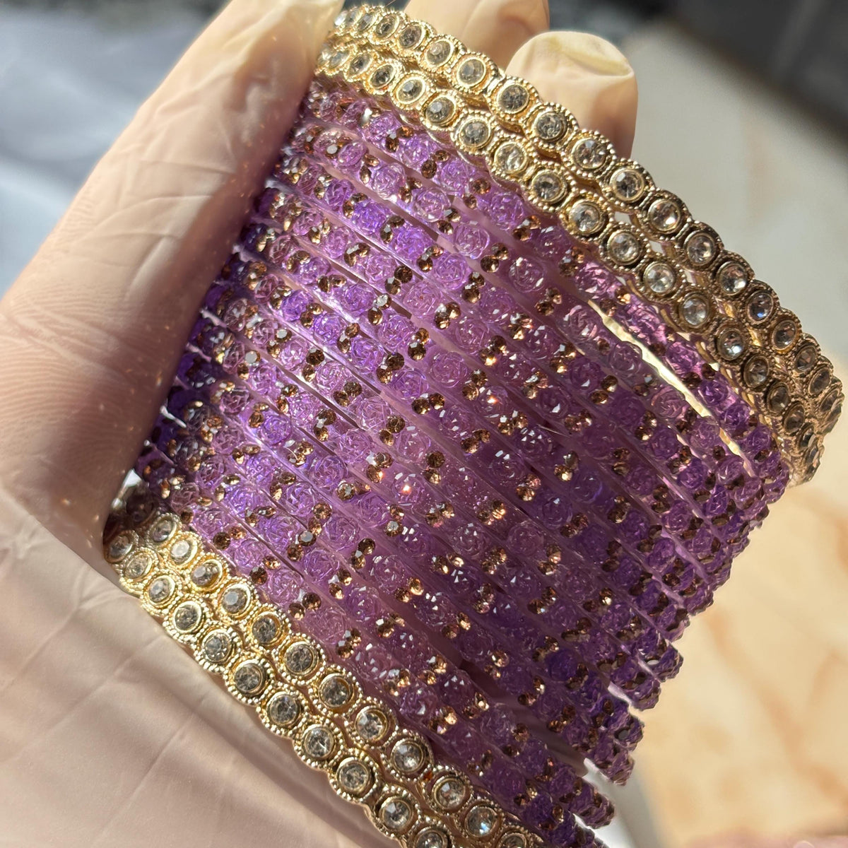 Lavender Glass Bangles Gold Rhinestone Kada Kashmiri Churiyan Indian Wedding Bridal Set - 6
