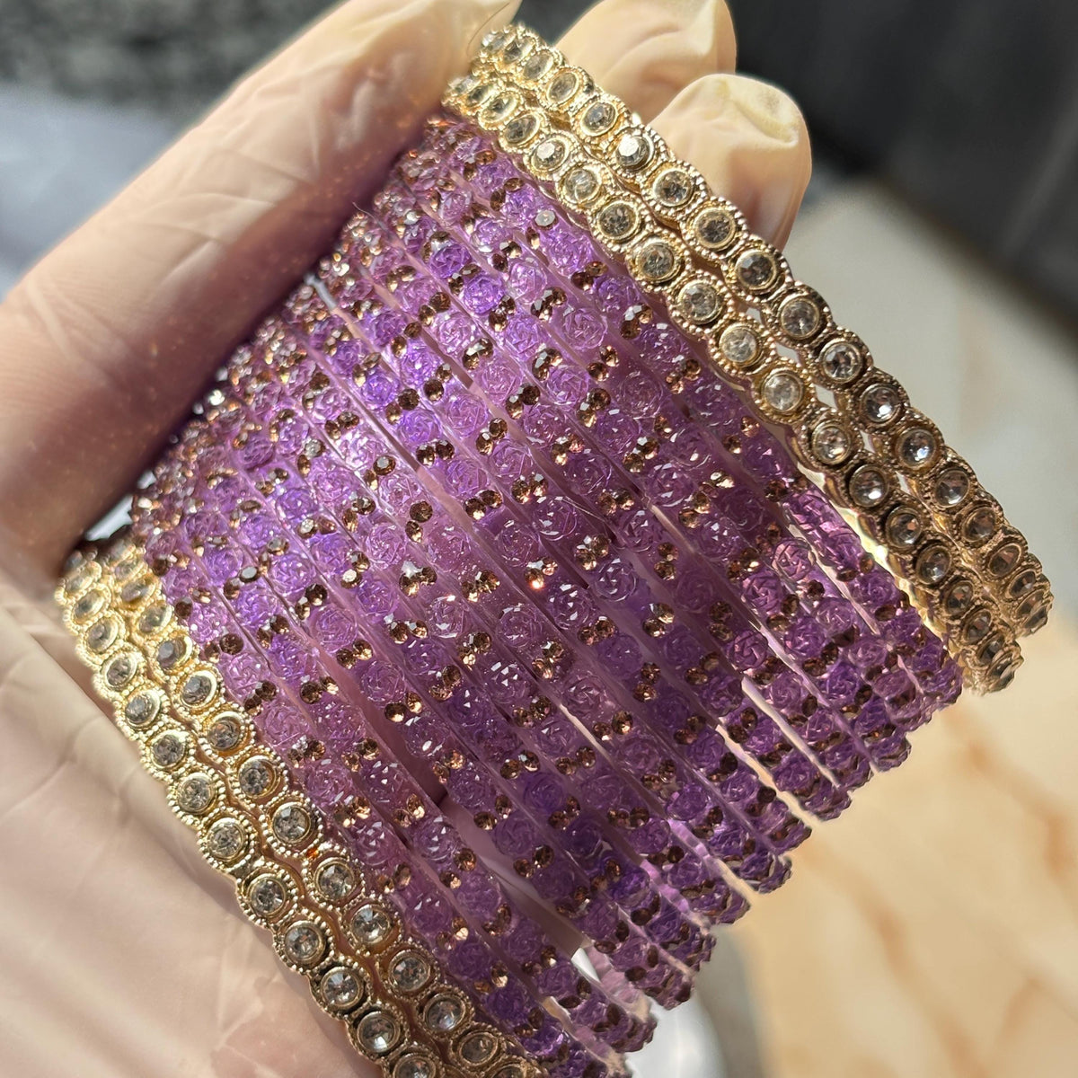 Lavender Glass Bangles Gold Rhinestone Kada Kashmiri Churiyan Indian Wedding Bridal Set - 2