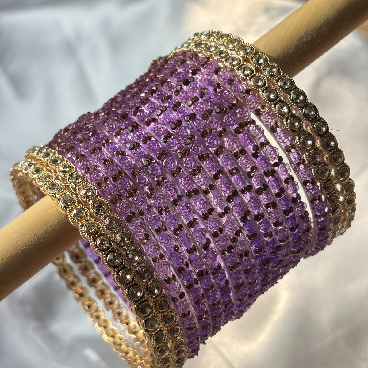 Lavender Glass Bangles Gold Rhinestone Kada Kashmiri Churiyan Indian Wedding Bridal Set - 5