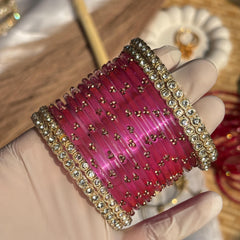 Pink Glass Bangles Gold Rhinestone Kada Kashmiri Churiyan Indian Wedding Bridal Set - 5