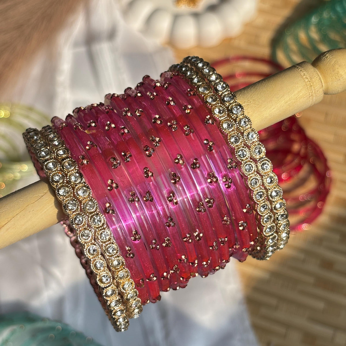 Pink Glass Bangles Gold Rhinestone Kada Kashmiri Churiyan Indian Wedding Bridal Set