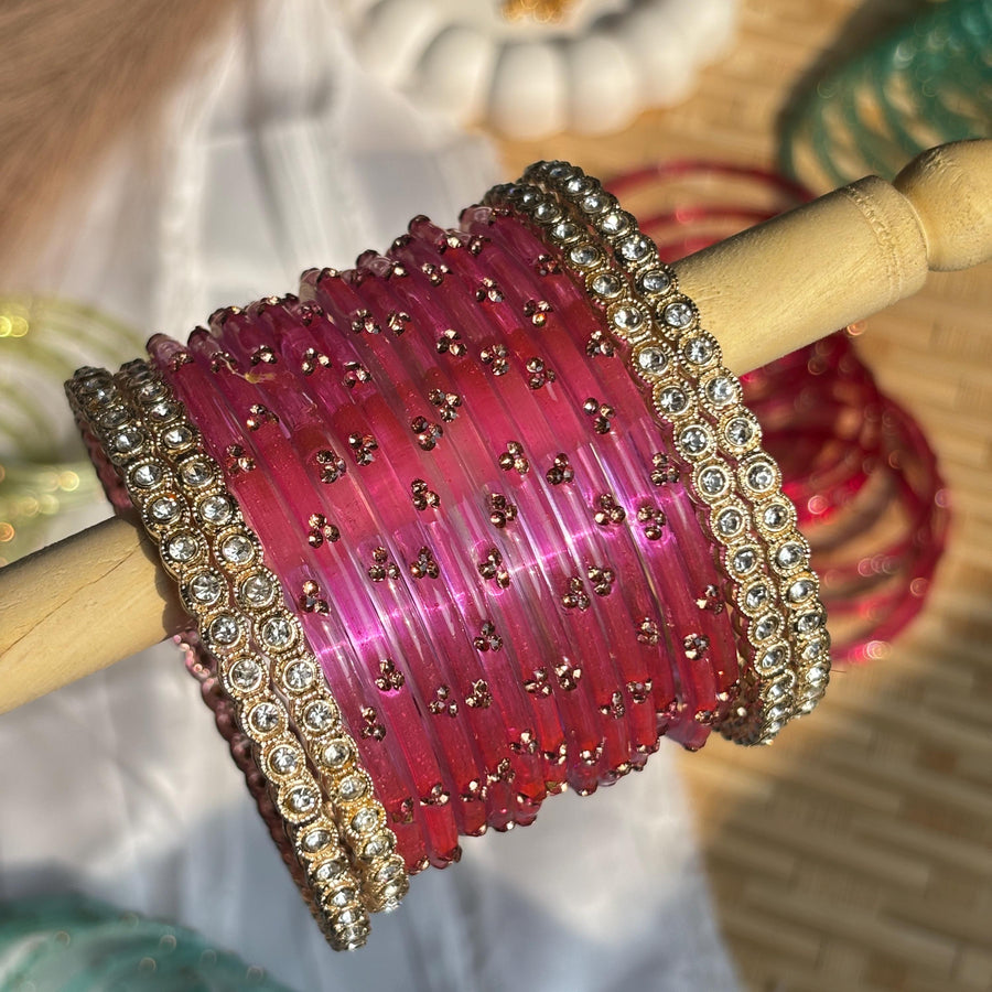 Pink Glass Bangles Gold Rhinestone Kada Kashmiri Churiyan Indian Wedding Bridal Set