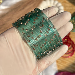 Teal Glass Bangles Gold Kada Kashmiri Churiyan Indian Wedding Bridal Set - 9