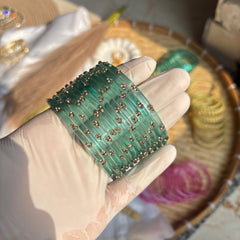 Teal Glass Bangles Gold Kada Kashmiri Churiyan Indian Wedding Bridal Set - 12