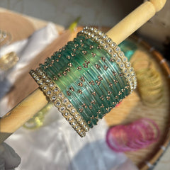 Teal Glass Bangles Gold Kada Kashmiri Churiyan Indian Wedding Bridal Set - 5