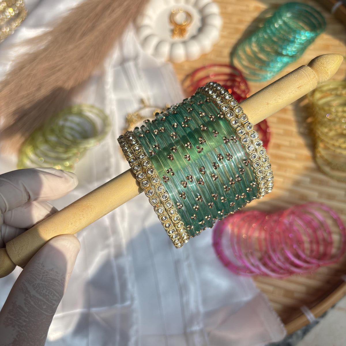 Teal Glass Bangles Gold Kada Kashmiri Churiyan Indian Wedding Bridal Set - 8