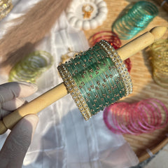 Teal Glass Bangles Gold Kada Kashmiri Churiyan Indian Wedding Bridal Set - 8