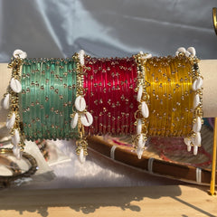 Kashmiri Raindrop Bangles Set Of 3 Gold Cowrie Shell Ghungroo Indian Wedding Jewelry
