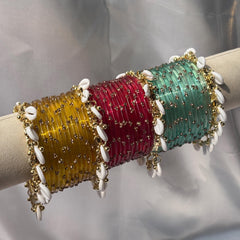 Kashmiri Raindrop Bangles Set Of 3 Gold Cowrie Shell Ghungroo Indian Wedding Jewelry - 16