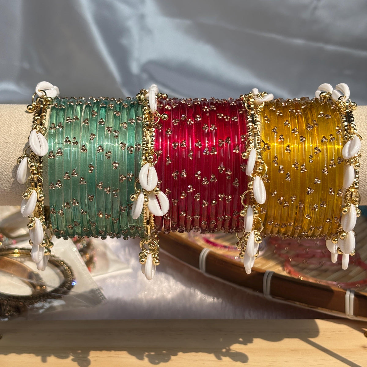 Kashmiri Raindrop Bangles Set Of 3 Gold Cowrie Shell Ghungroo Indian Wedding Jewelry - 17