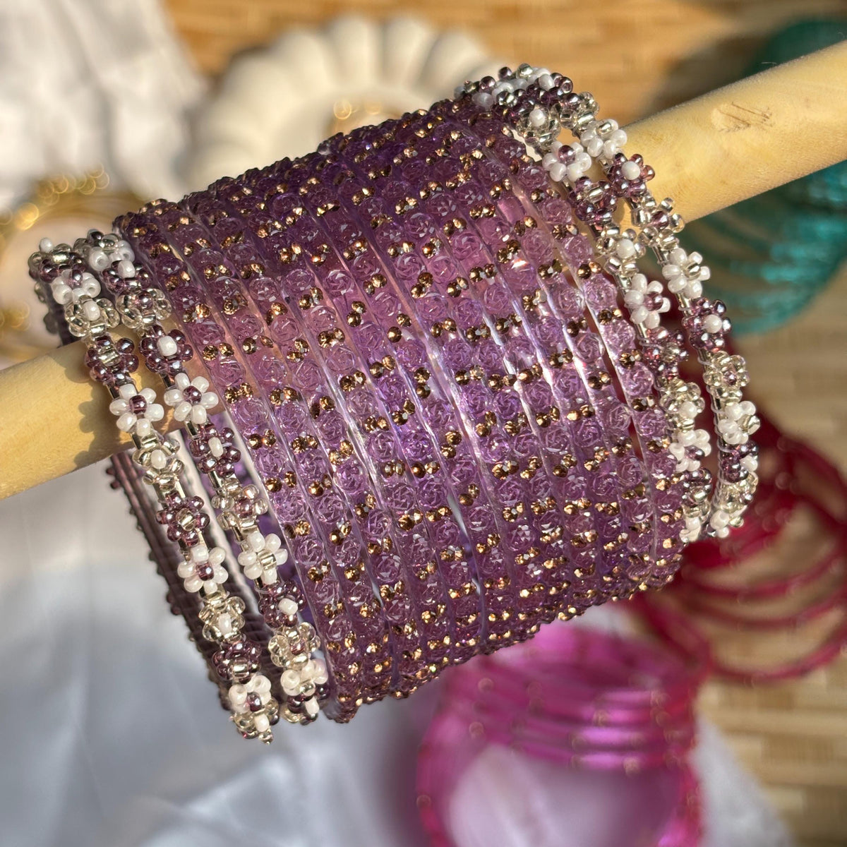 Lavender Glass Bangles Beaded Flower Kada Kashmiri Churiyan Indian Wedding Bridal Set - 8