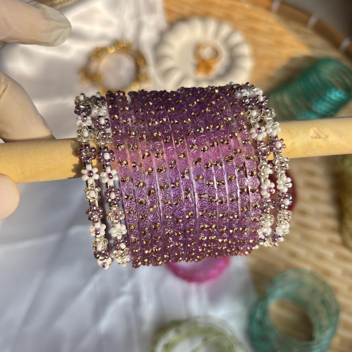 Lavender Glass Bangles Beaded Flower Kada Kashmiri Churiyan Indian Wedding Bridal Set - 3