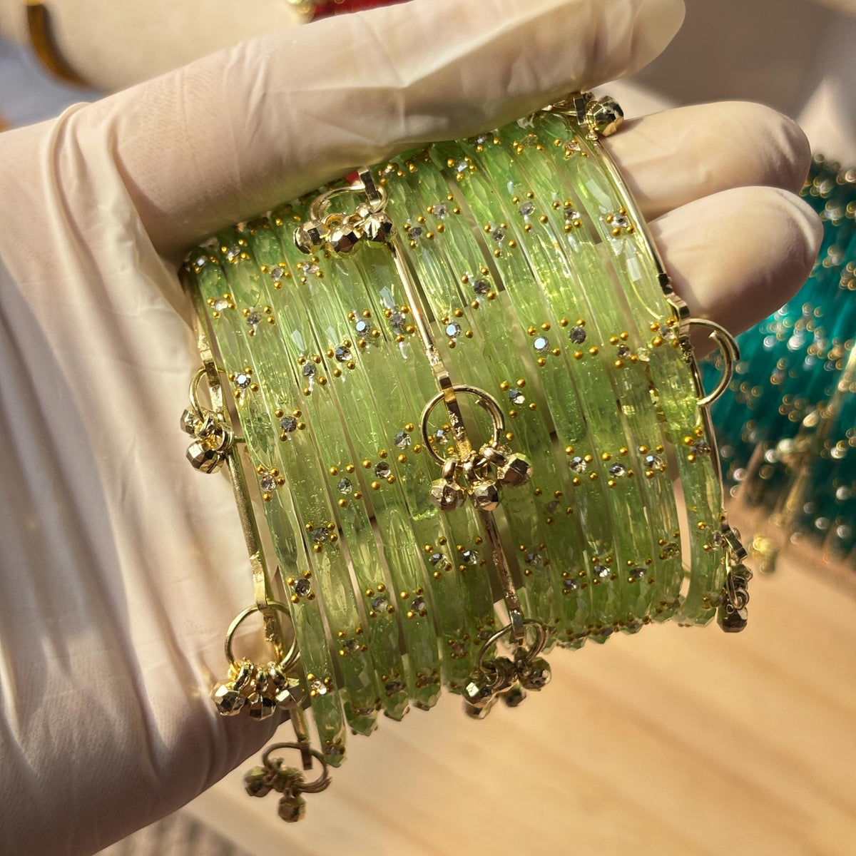 Glass Bangles Set Ghungroo Zircon Kashmiri Churiyan Multicolor Pastel Indian Wedding Bridal Jewelry - 12