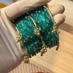 Glass Bangles Set Ghungroo Zircon Kashmiri Churiyan Multicolor Pastel Indian Wedding Bridal Jewelry - 14