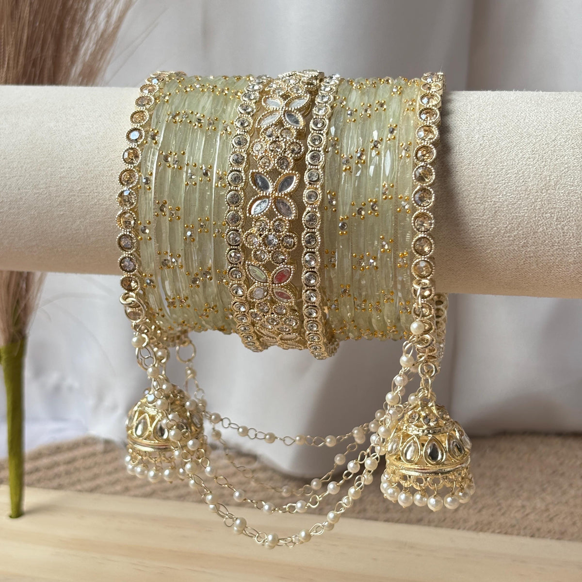 Pistachio Bangles Set Latkan Jhula Kada Zircon Crystal Pearl Chain Indian Bridal Wedding - 5