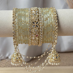 Pistachio Bangles Set Latkan Jhula Kada Zircon Crystal Pearl Chain Indian Bridal Wedding - 3