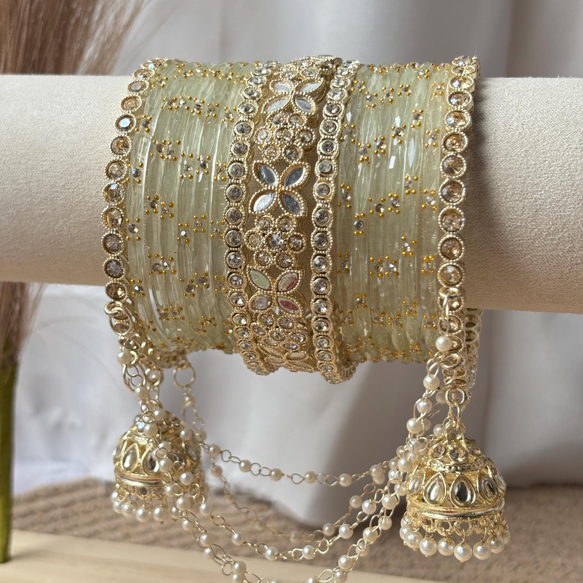 Pistachio Bangles Set Latkan Jhula Kada Zircon Crystal Pearl Chain Indian Bridal Wedding - 2
