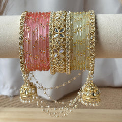 Peach Pink Pistachio Bangles Latkan Jhula Kada Zircon Crystal Pearl Chain Indian Bridal Wedding - 4