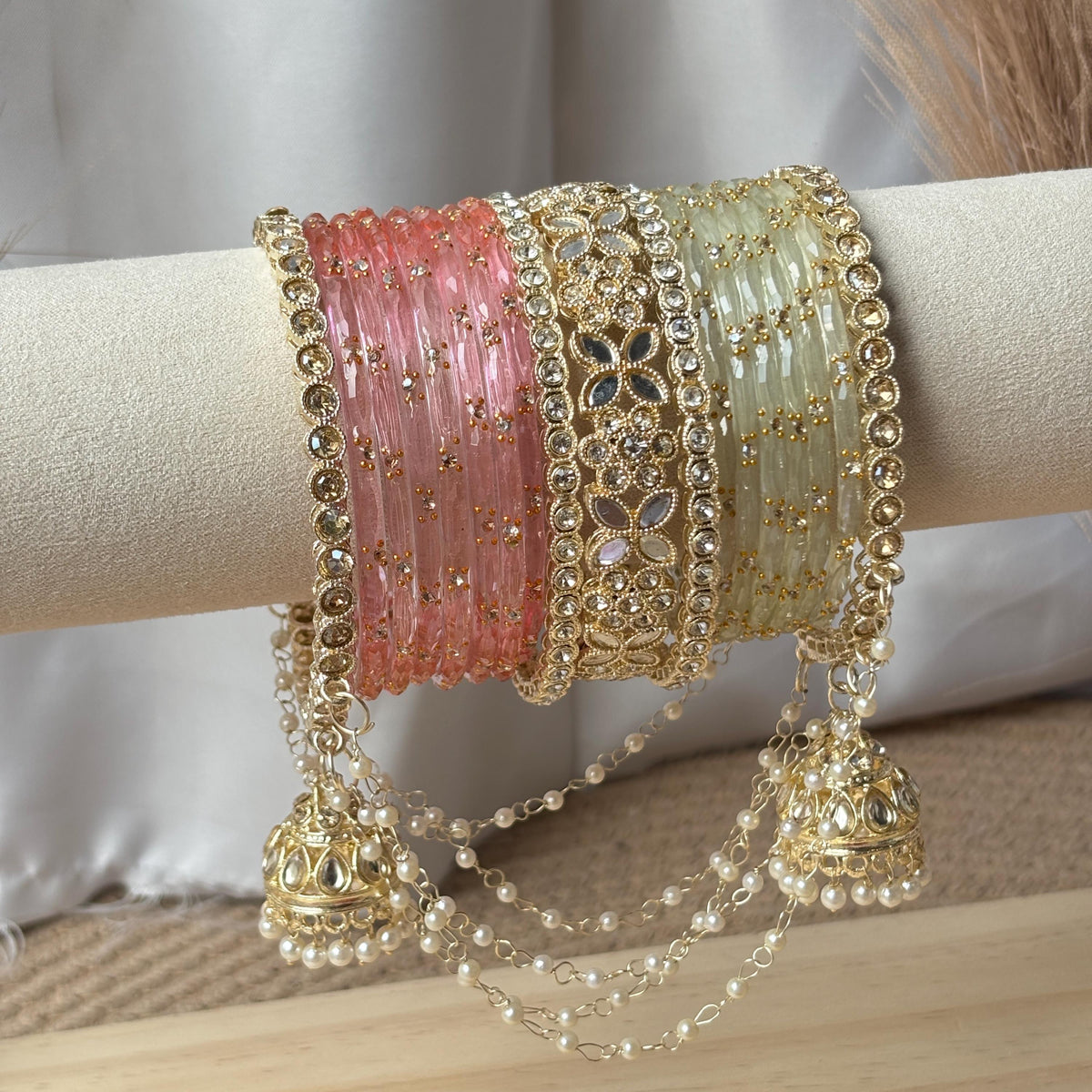 Peach Pink Pistachio Bangles Latkan Jhula Kada Zircon Crystal Pearl Chain Indian Bridal Wedding - 3