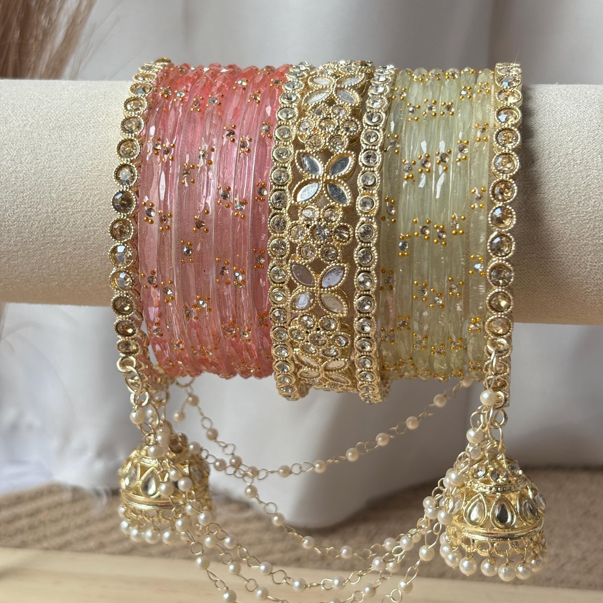 Peach Pink Pistachio Bangles Latkan Jhula Kada Zircon Crystal Pearl Chain Indian Bridal Wedding - 2